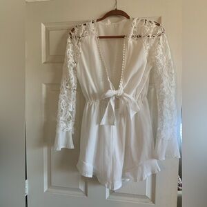 White chiffon, lace sleeve romper